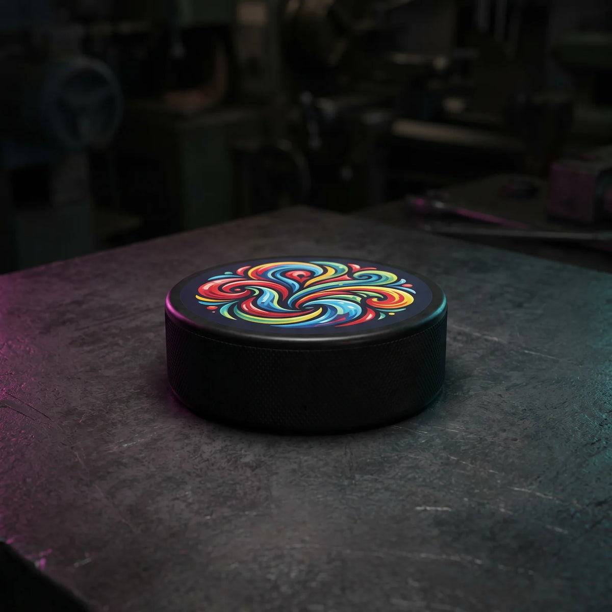 Hockey puck with a full color printed top face