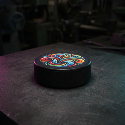 Hockey puck with a full color printed top face
