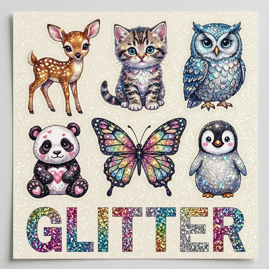 Glitter UV DTF print close up with sparkle finish
