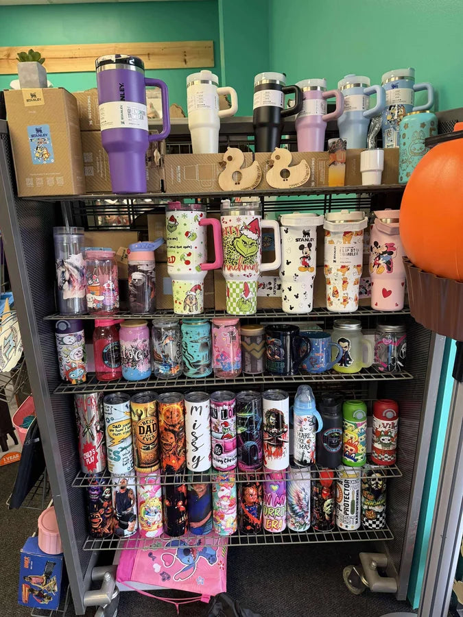Lineup of personalized tumblers with custom prints